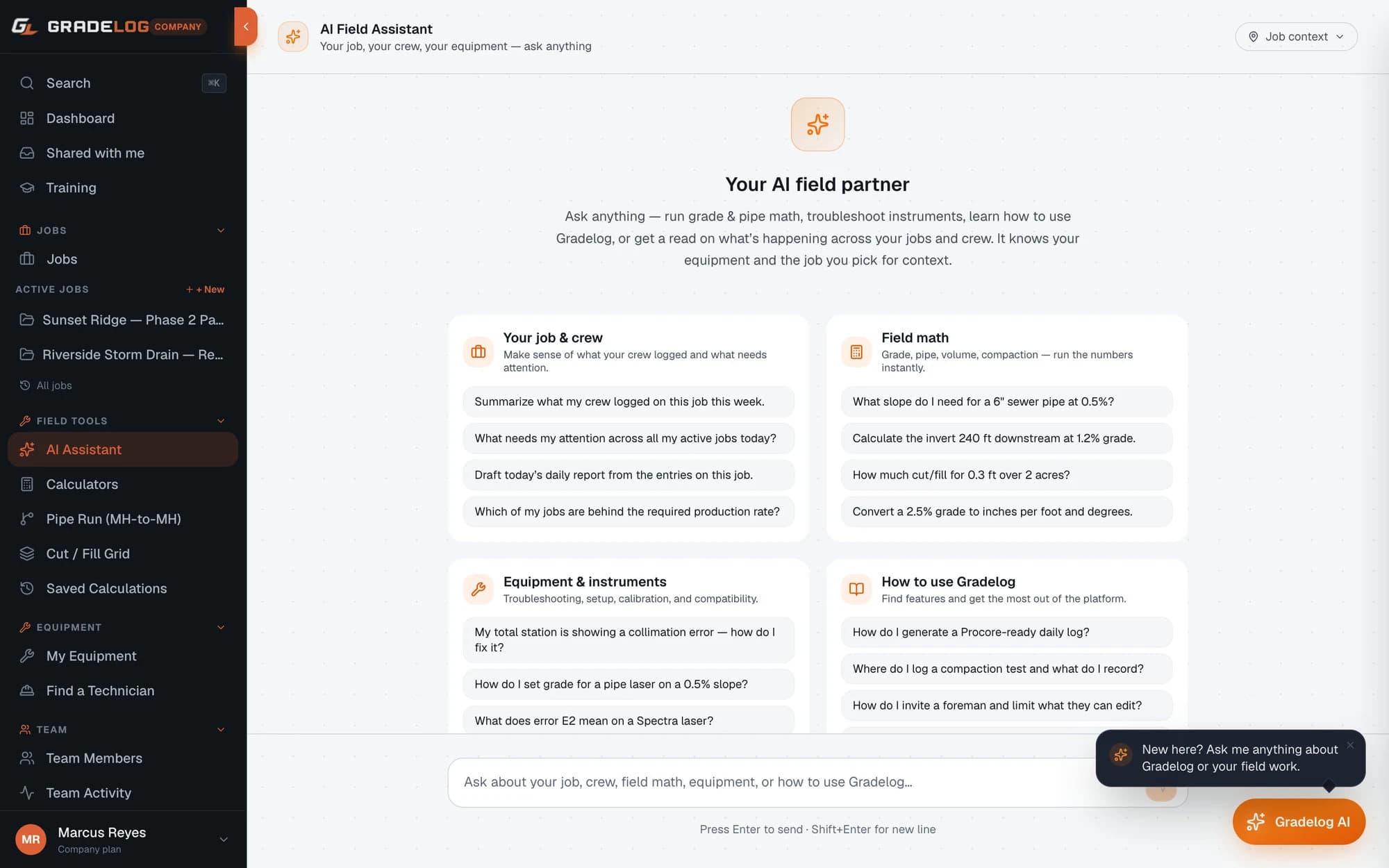 Gradelog AI field assistant answering equipment troubleshooting and error code questions