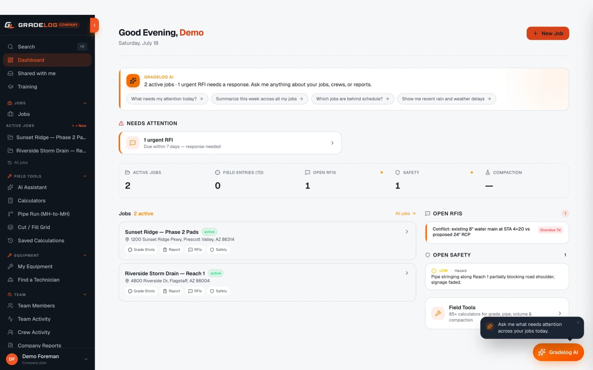 Gradelog dashboard showing active earthwork jobs, grade shot status, and field crew activity