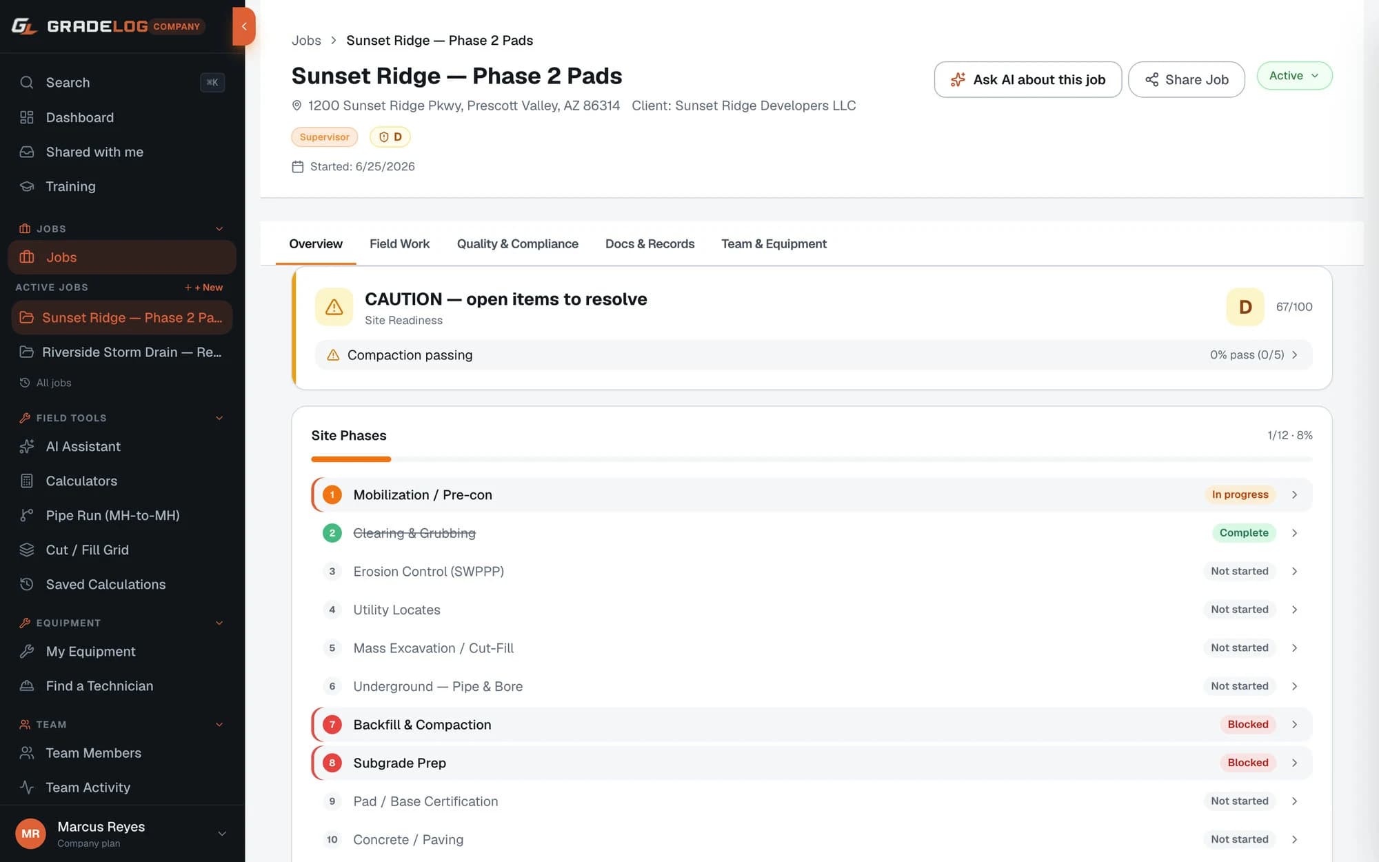 Gradelog daily report interface with voice-to-report AI and manual form fields
