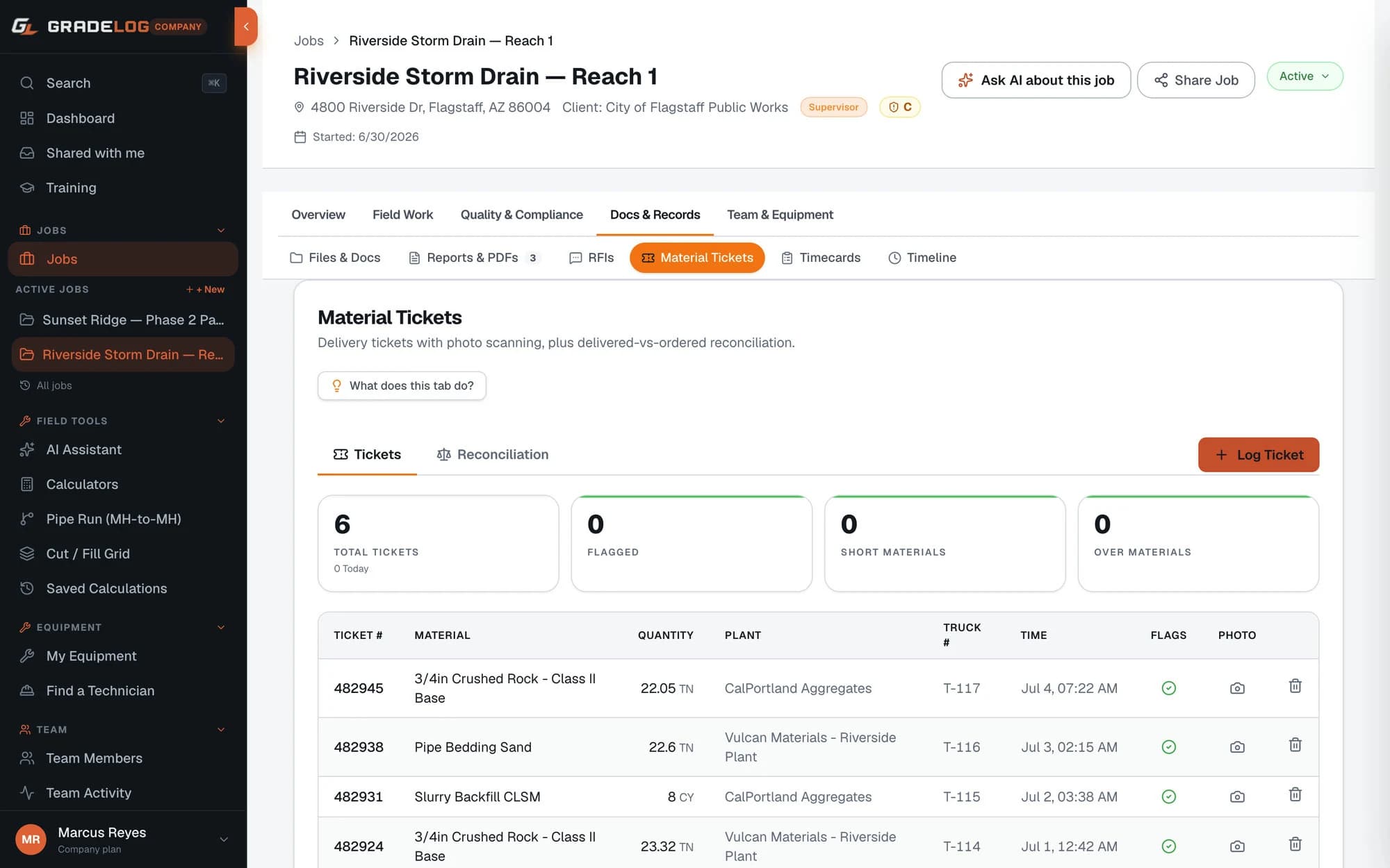 Gradelog material ticket logging with OCR scanning for concrete and aggregate delivery tickets