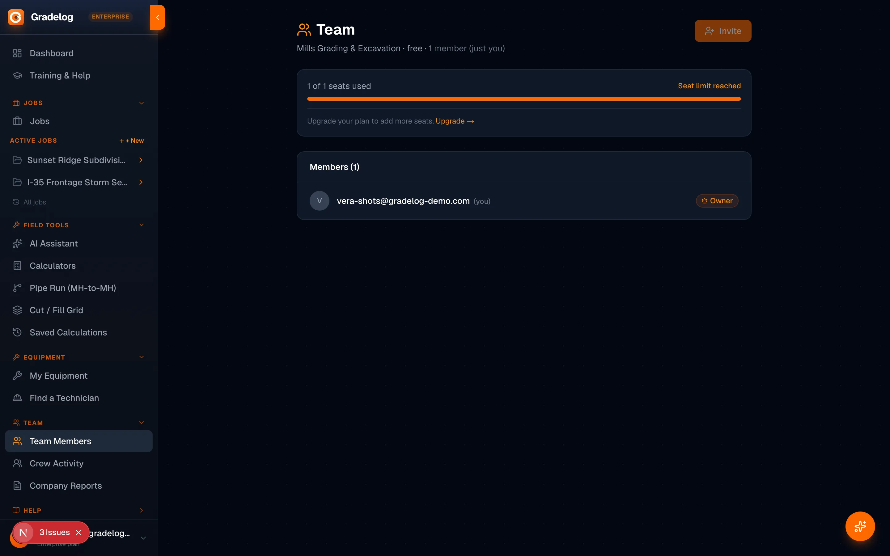 Gradelog team management showing roles, seats, and role-based access control